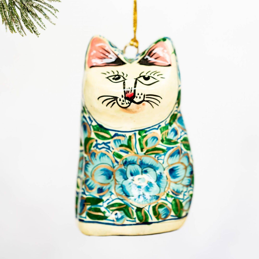 Turquoise & Green Floral Hanging Cat - Violet Elizabeth - Christmas Decorations