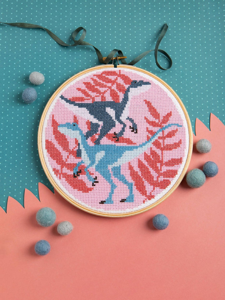 Velociraptors Cross Stitch Kit | Beginner Craft Kit - Violet Elizabeth - Haberdashery