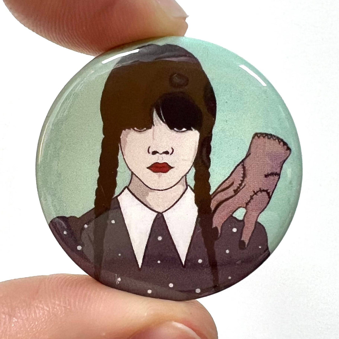 Wednesday Addams and Thing Button Pin Badge - Violet Elizabeth - 