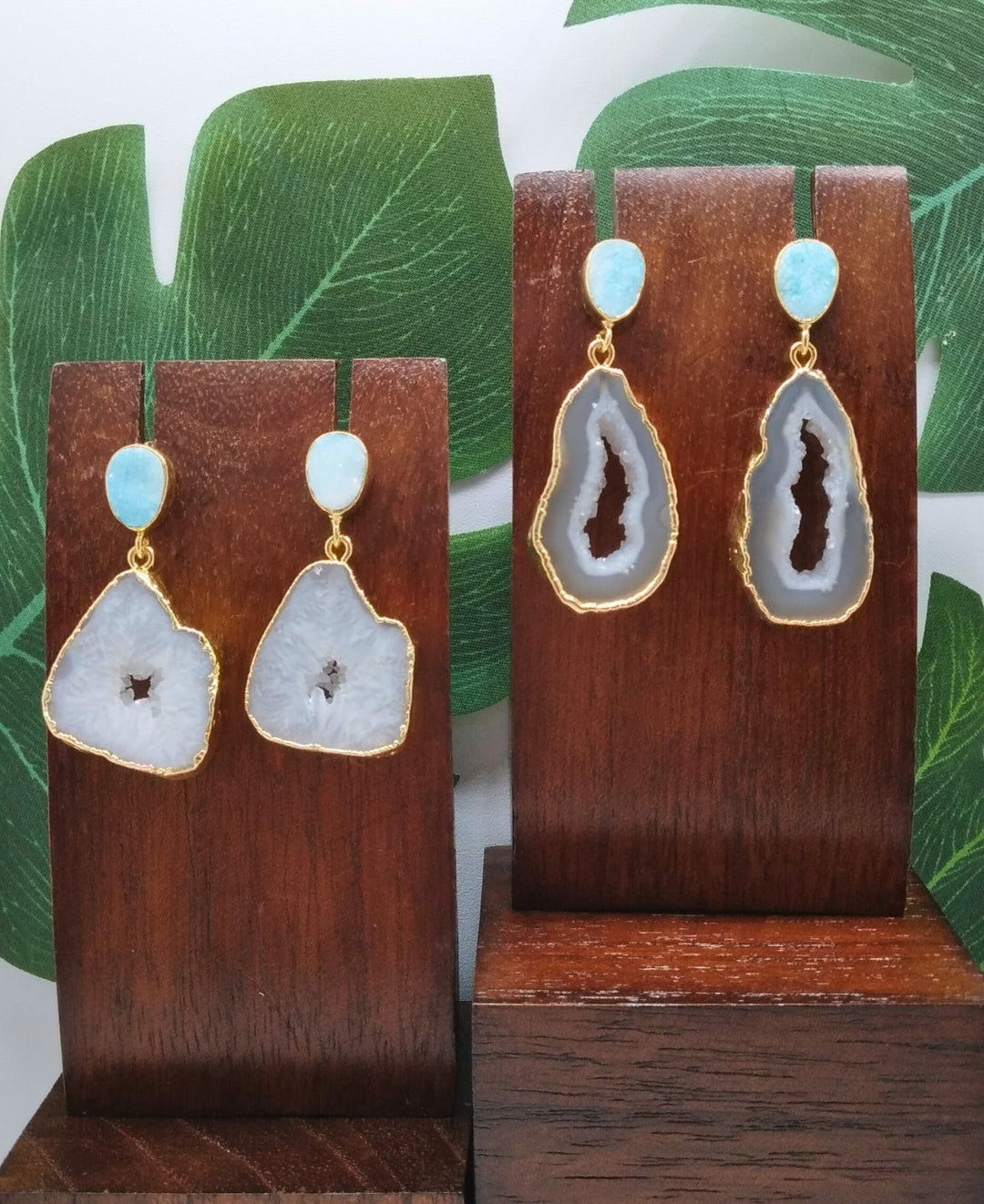 White Agate Slice and Blue Sugar Druzy Drop Earrings - Violet Elizabeth - Jewellery