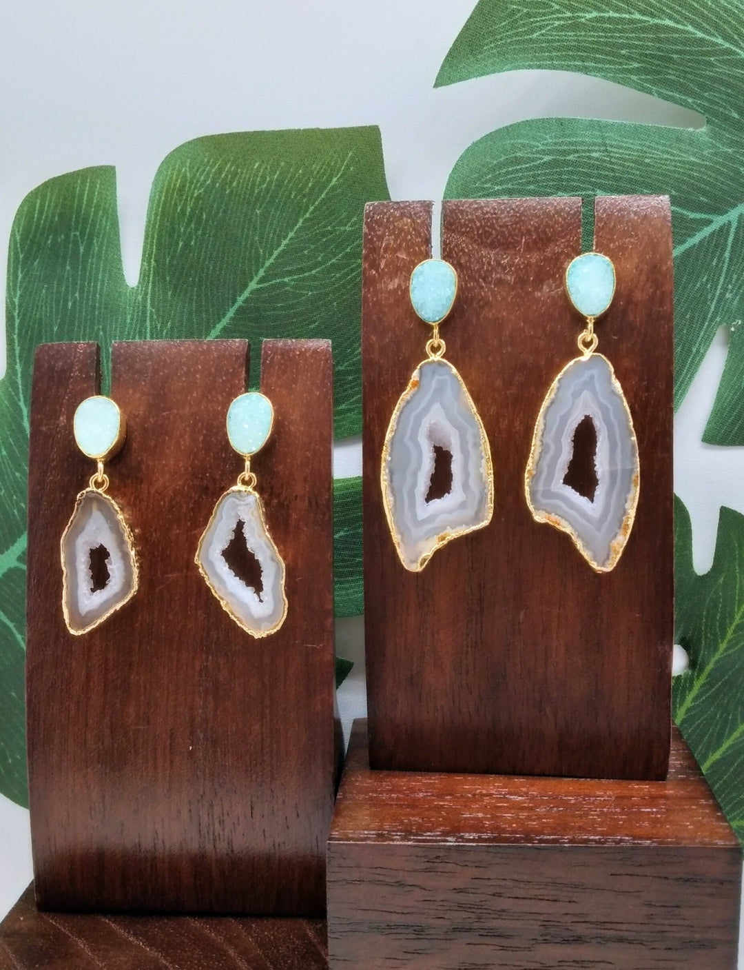 White Agate Slice and Mint Sugar Druzy Drop Earrings - Violet Elizabeth - Jewellery