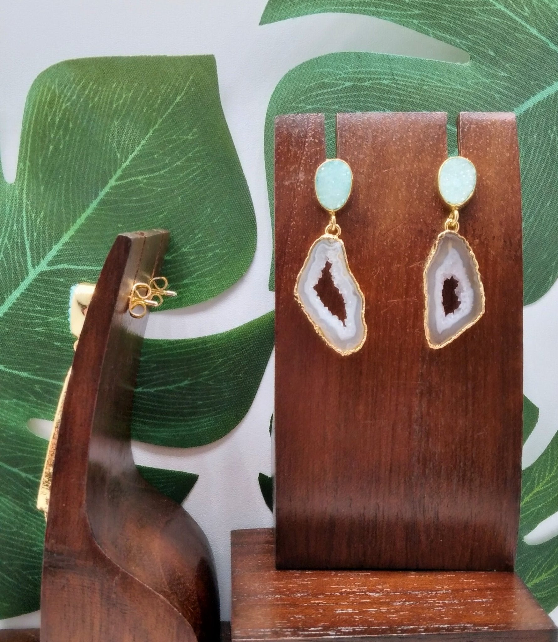 White Agate Slice and Mint Sugar Druzy Drop Earrings - Violet Elizabeth - Jewellery