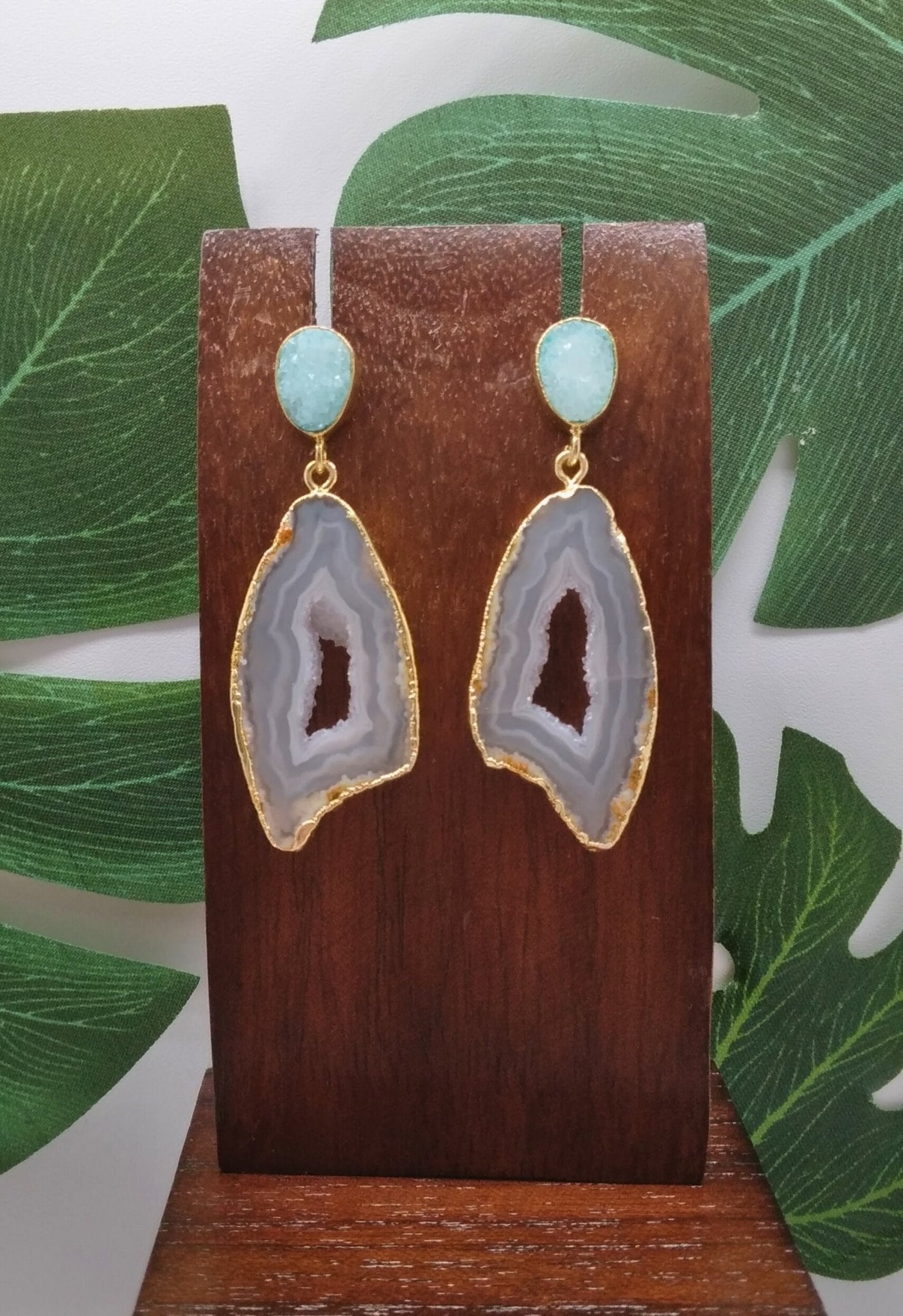 White Agate Slice and Mint Sugar Druzy Drop Earrings - Violet Elizabeth - Jewellery