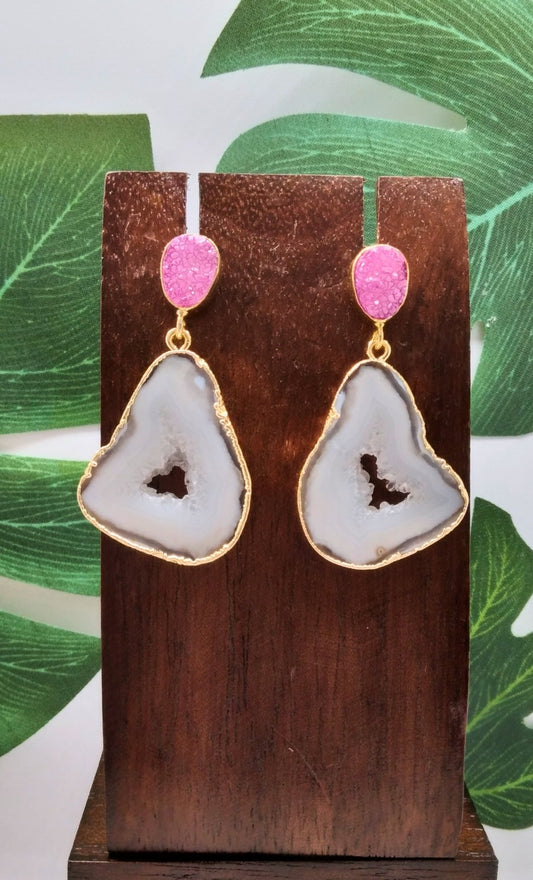 White Agate Slice and Pink Sugar Druzy Drop Earrings - Violet Elizabeth - Jewellery