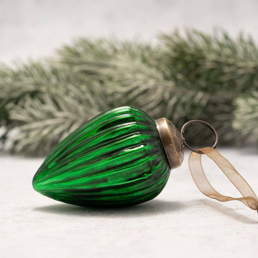 2" Medium Emerald Green Ribbed Glass Christmas Pinecone - Violet Elizabeth - Christmas Decorations