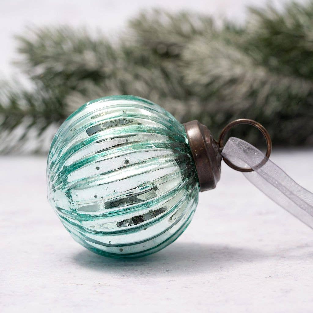 2" Medium Mint Ribbed Round Glass Christmas Bauble - Violet Elizabeth - Christmas Decorations