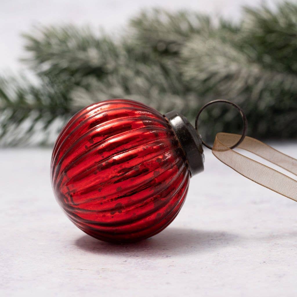 2" Medium Red Ribbed Glass Christmas Bauble - Violet Elizabeth - Christmas Decorations