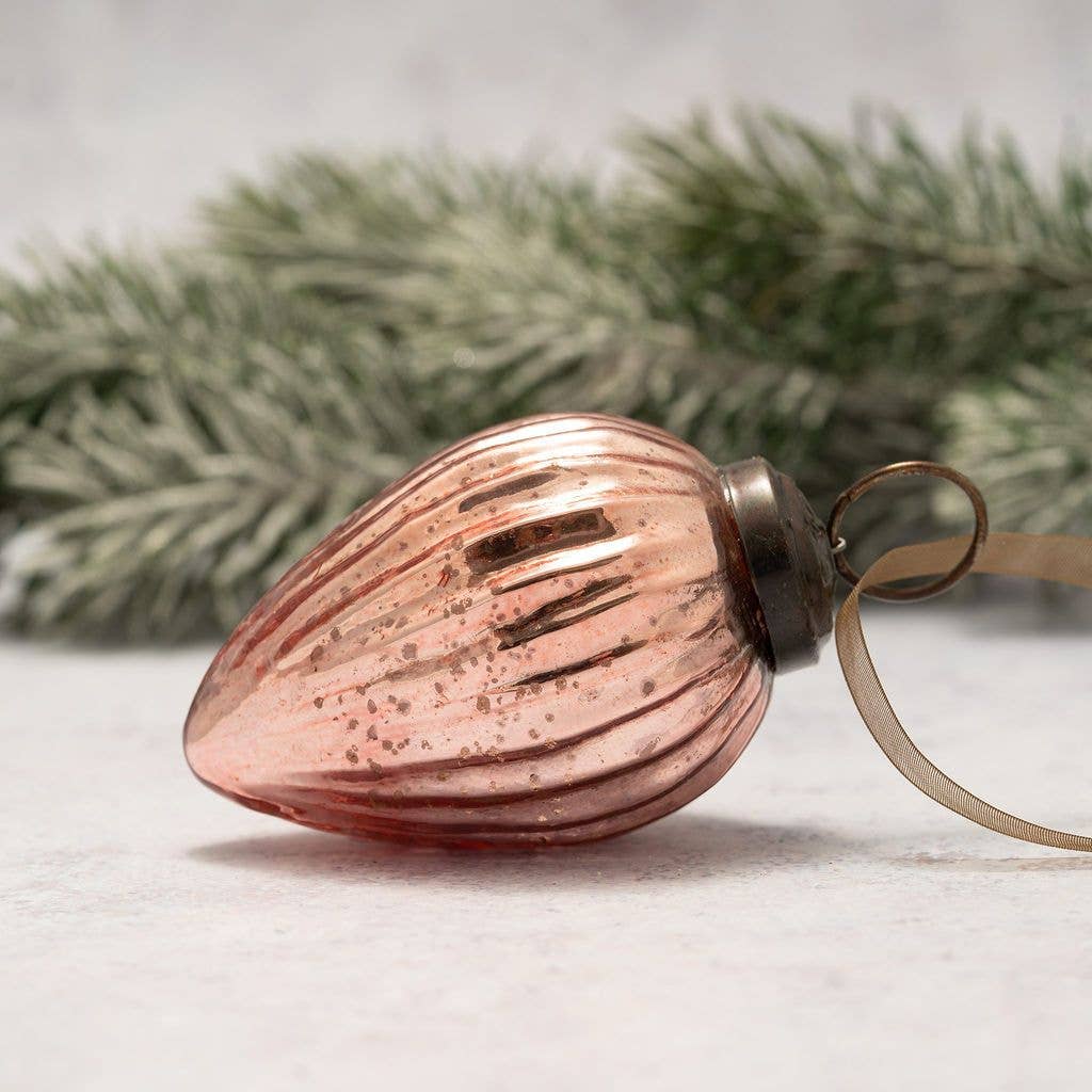 2" Medium Rose Quartz Ribbed Glass Christmas Pinecone - Violet Elizabeth - Christmas Decorations