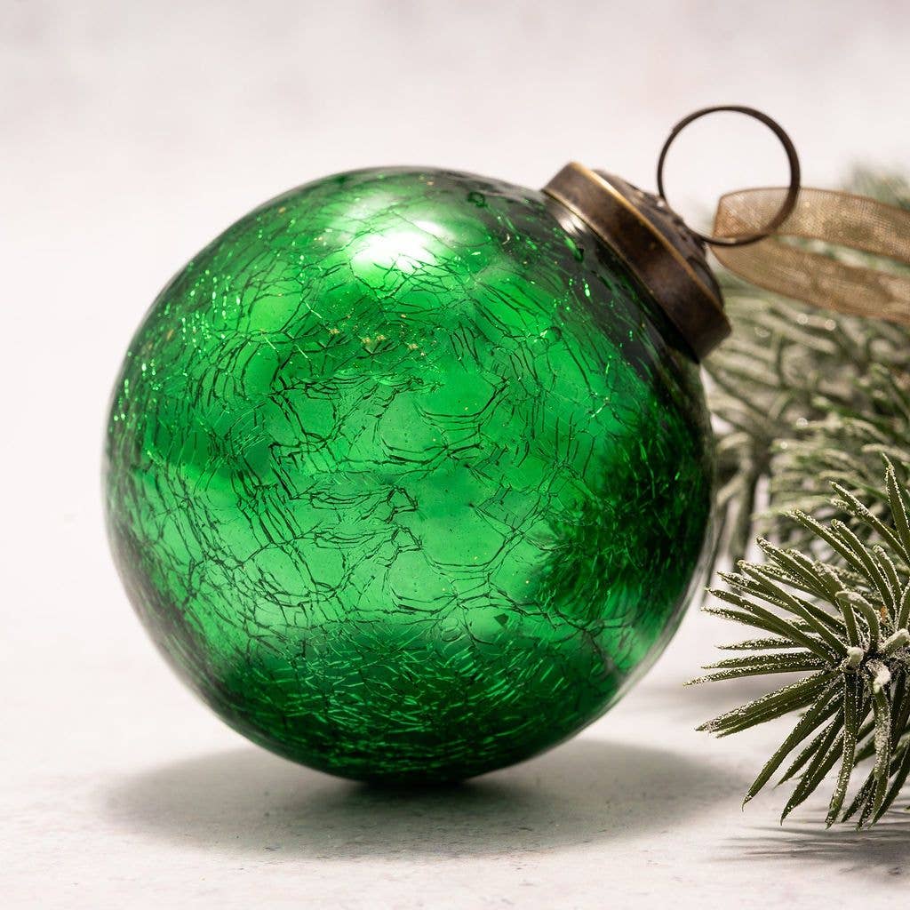 3" Large Emerald Crackle Glass Christmas Bauble - Violet Elizabeth - Christmas Decorations