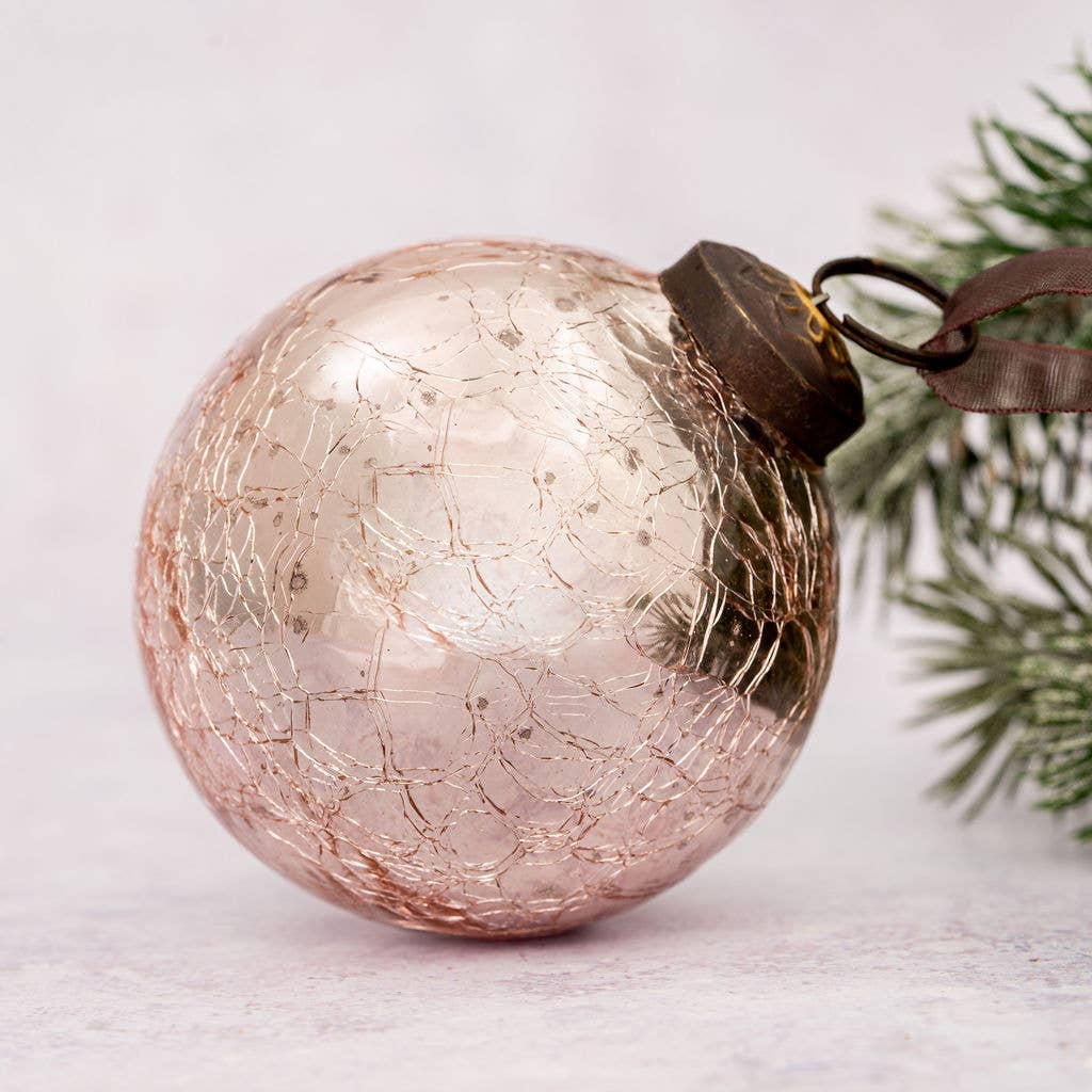 3" Large Rose Quartz Crackle Glass Christmas Bauble - Violet Elizabeth - Christmas Decorations