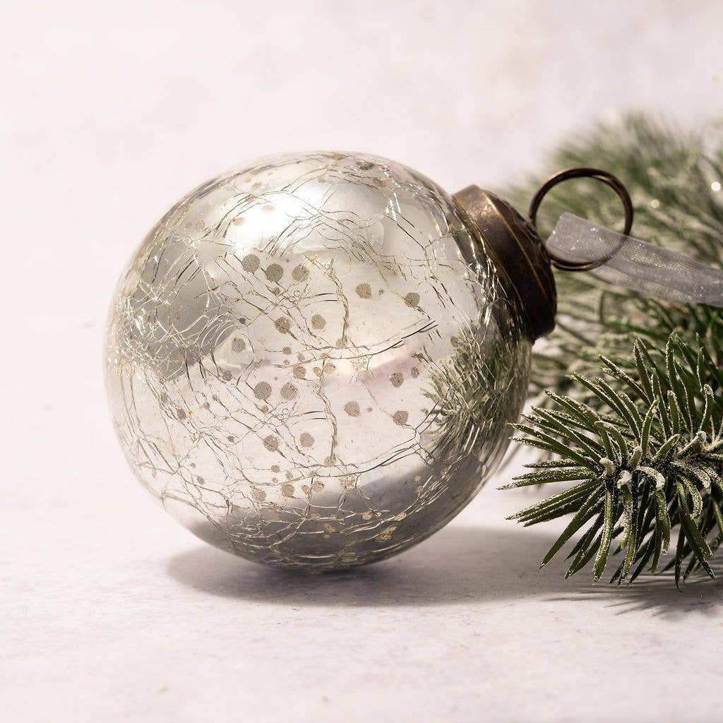 3" Large Silver Crackle Glass Christmas Bauble - Violet Elizabeth - Christmas Decorations