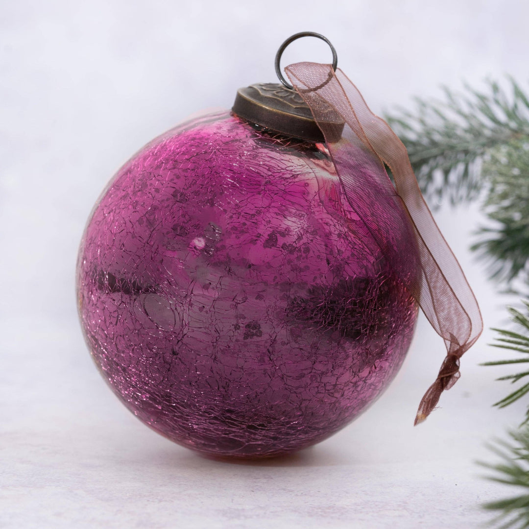 4" Mulberry Crackle Glass Christmas Bauble - Violet Elizabeth - Christmas Decorations