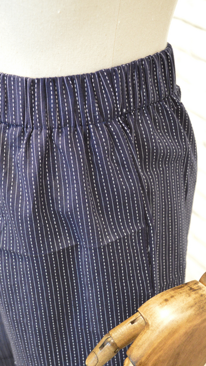 Elasticated cotton trousers- navy blue striped - Violet Elizabeth