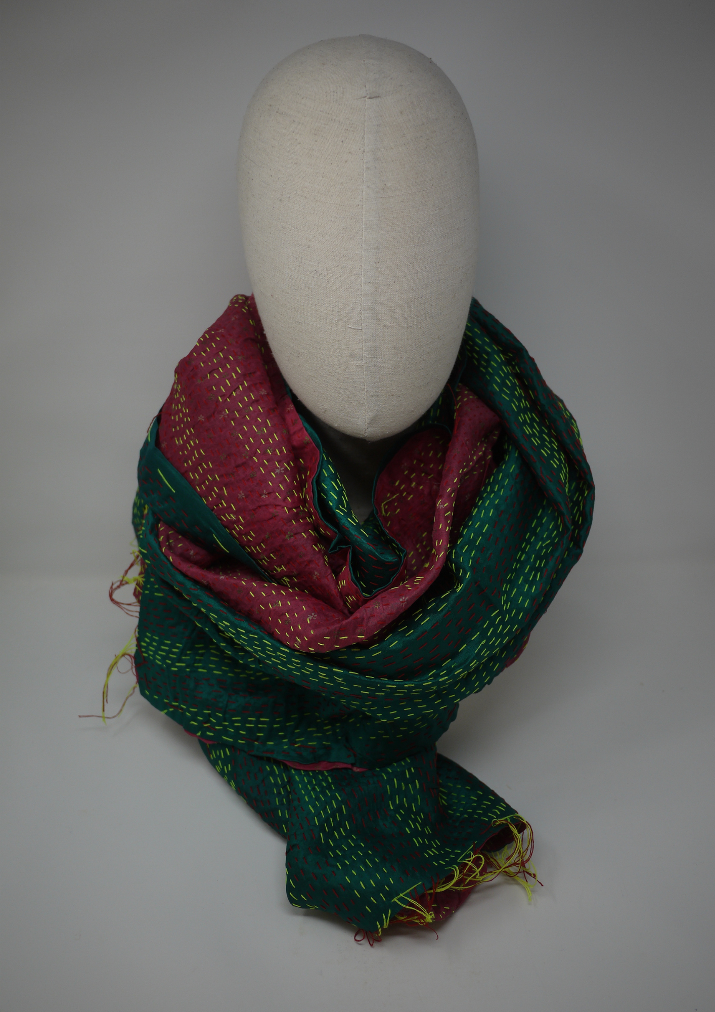 Silk kantha scarf- pink and green - Violet Elizabeth