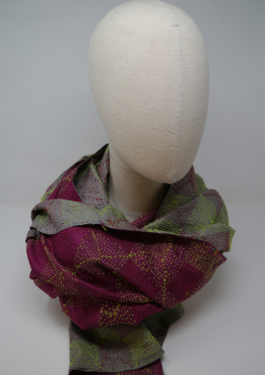 Silk kantha scarf-pink and gentle green - Violet Elizabeth