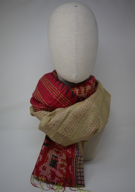 Silk kantha scarf-red and cream - Violet Elizabeth