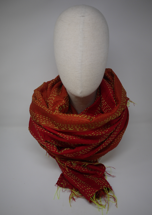 Silk kantha scarf-red and orange - Violet Elizabeth