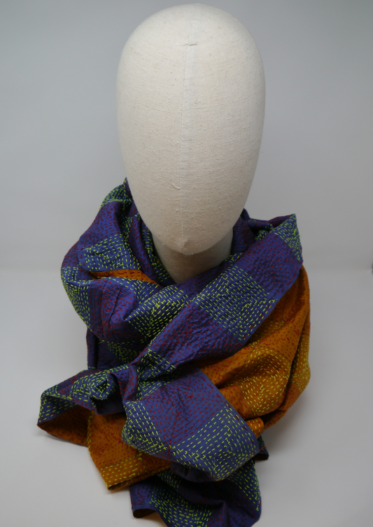 Silk kantha scarf-blue and orange - Violet Elizabeth