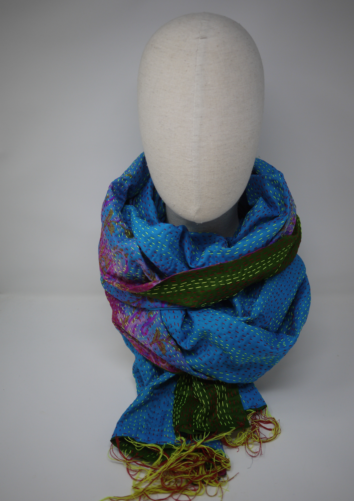Silk kantha scarf-blue and green - Violet Elizabeth