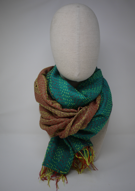 Silk kantha scarf- turquoise and oak yellow - Violet Elizabeth