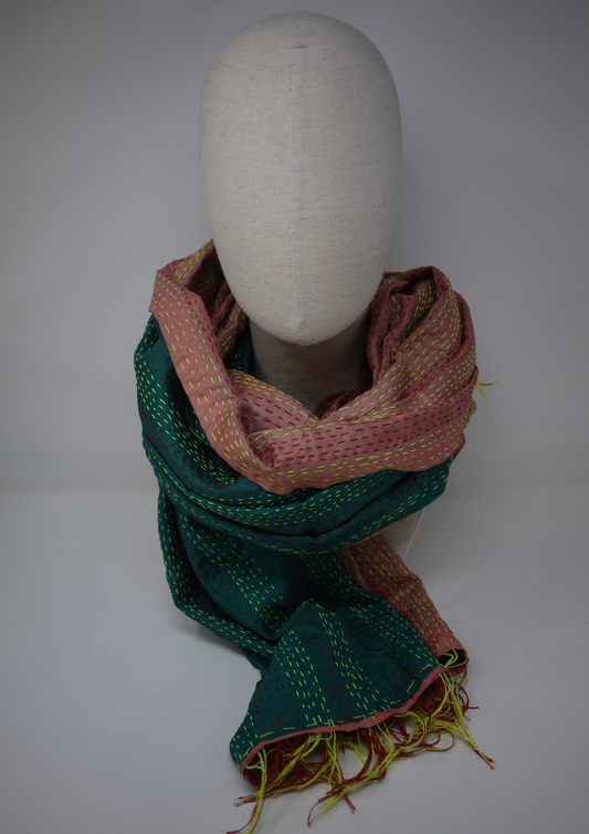 Silk kantha scarf-turquoise and pink - Violet Elizabeth