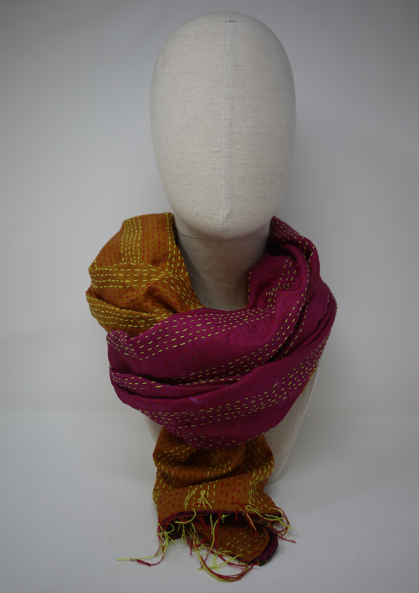 Silk kantha scarf- pink and yellow - Violet Elizabeth
