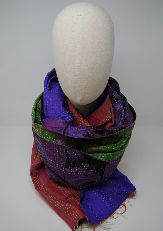 Silk kantha scarf-pink, purple, blue and green - Violet Elizabeth