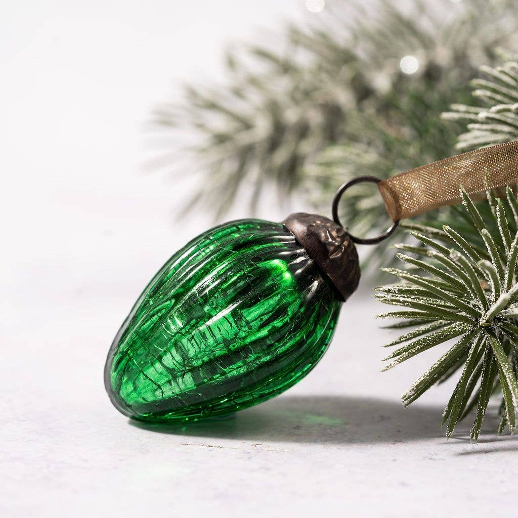 A Small 1" Emerald Crackle Glass Pinecones - Violet Elizabeth - Christmas Decorations