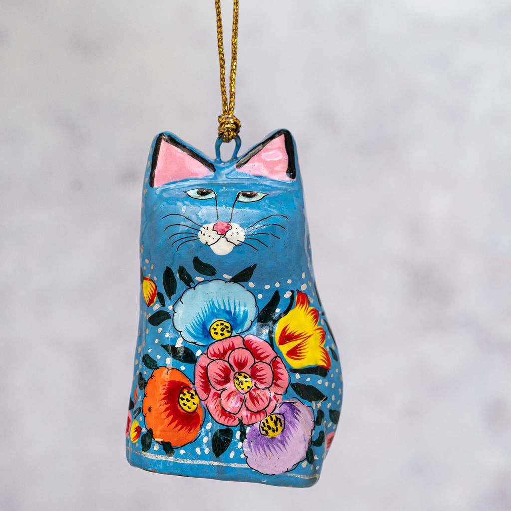 Blue Indian Floral Hanging Cat Ornament - Violet Elizabeth - Christmas Decorations