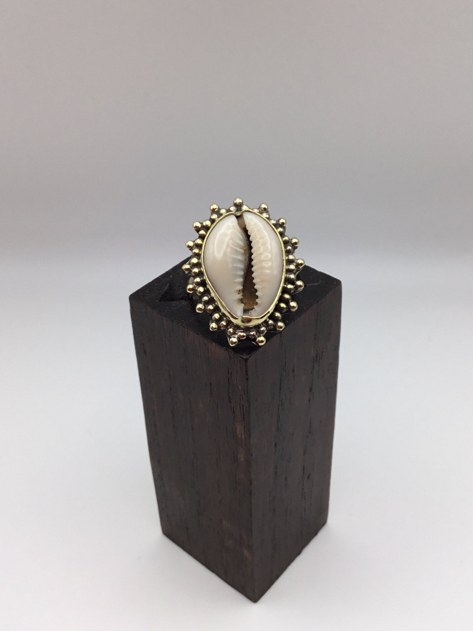 Decorative Cowrie Shell Ring: Brass and Silver Plated Brass - Violet Elizabeth - Jewellery