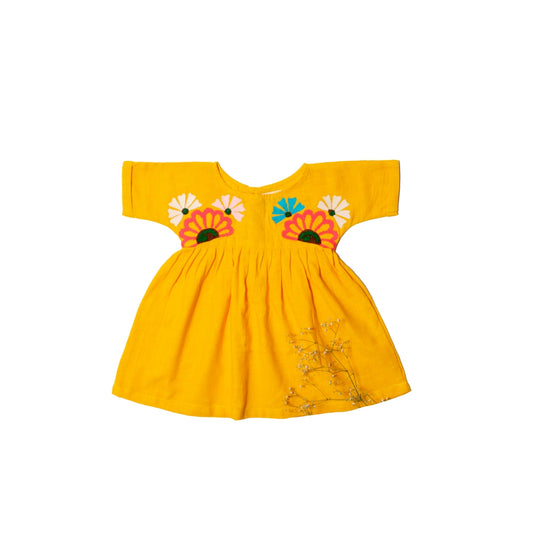 Embroidered cotton balloon dress yellow - Violet Elizabeth