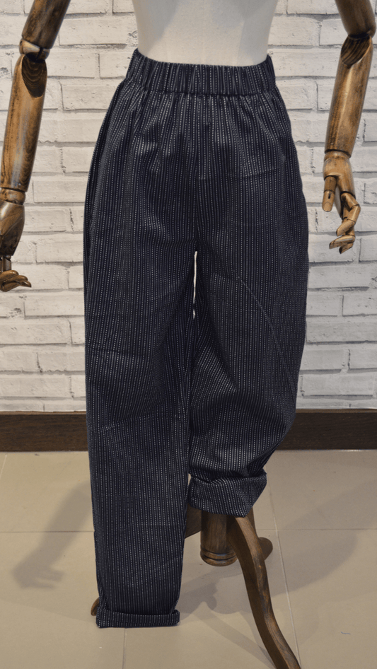 Elasticated cotton trousers - navy blue striped - Violet Elizabeth - Clothing