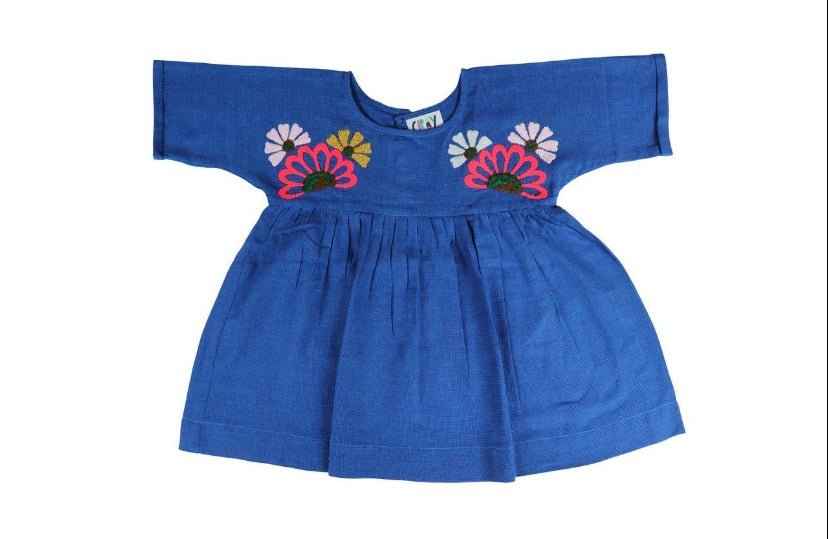 Embroidered Cotton Balloon Dress Blue