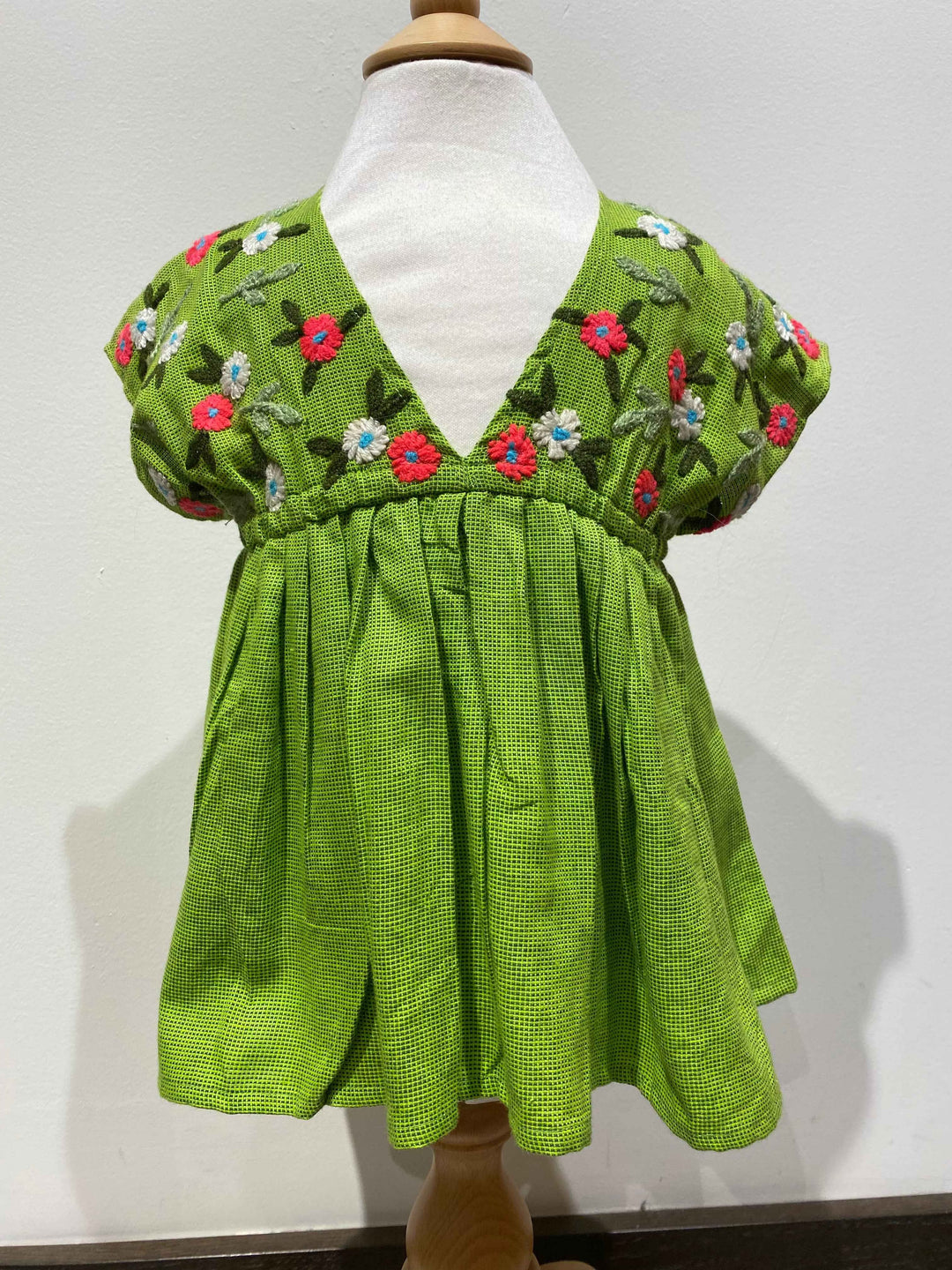 Embroidered Cotton Balloon Dress Green