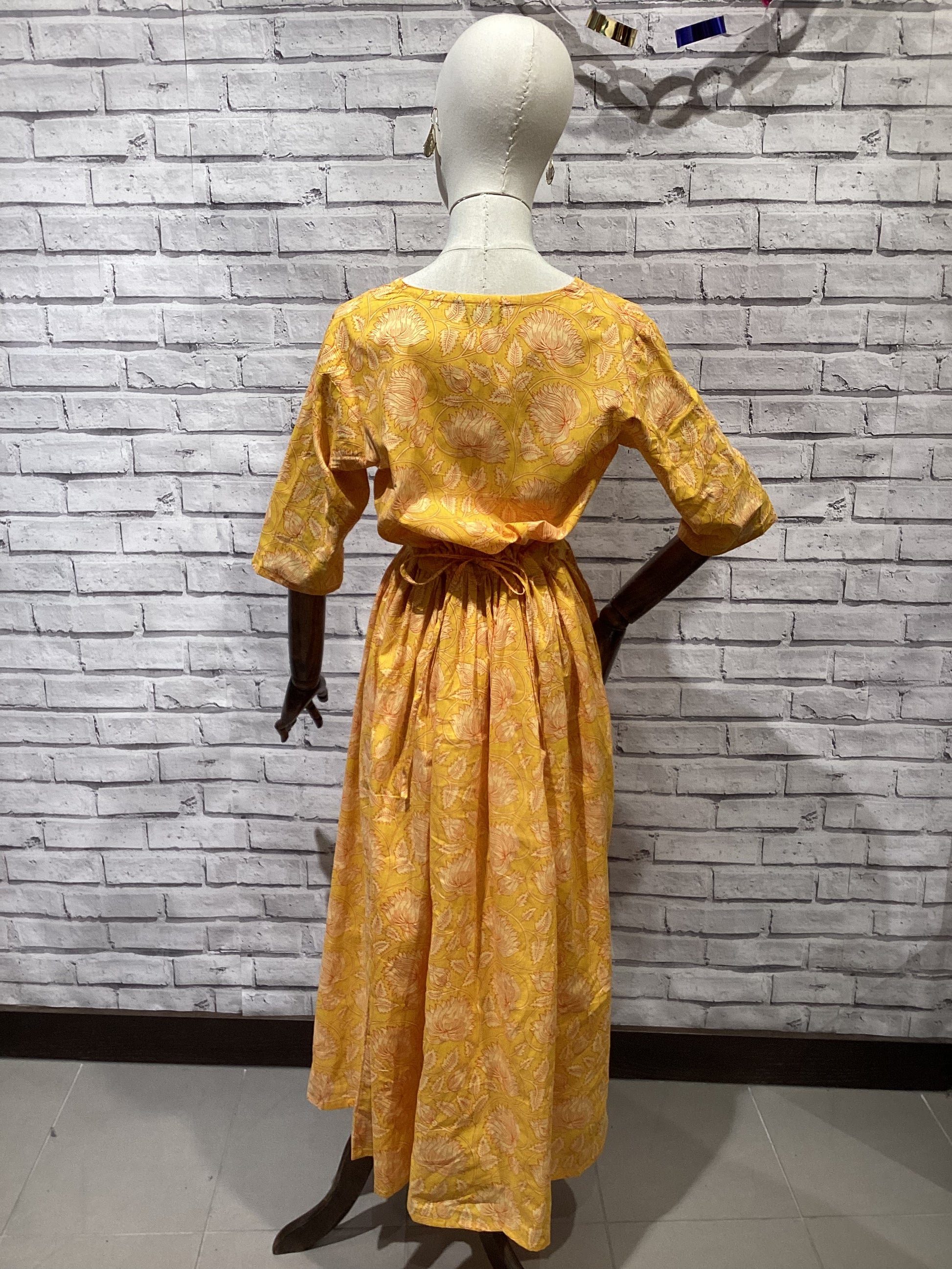 Drawstring Dress in Yellow Floral Scrolling Pattern - Violet Elizabeth