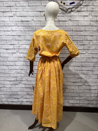 Drawstring Dress in Yellow Floral Scrolling Pattern - Violet Elizabeth