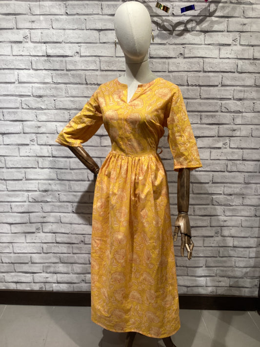 Drawstring Dress in Yellow Floral Scrolling Pattern - Violet Elizabeth