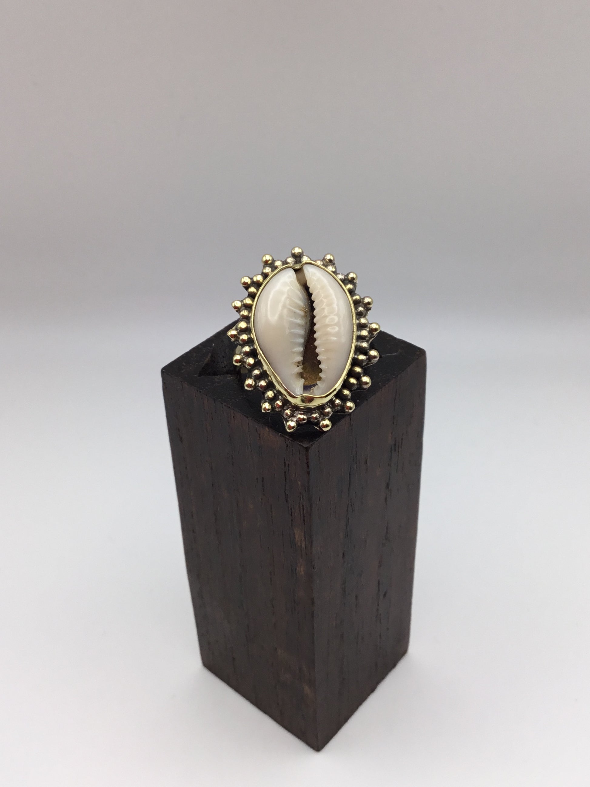 Decorative Cowrie Shell Ring: Brass and Silver Plated Brass - Violet Elizabeth