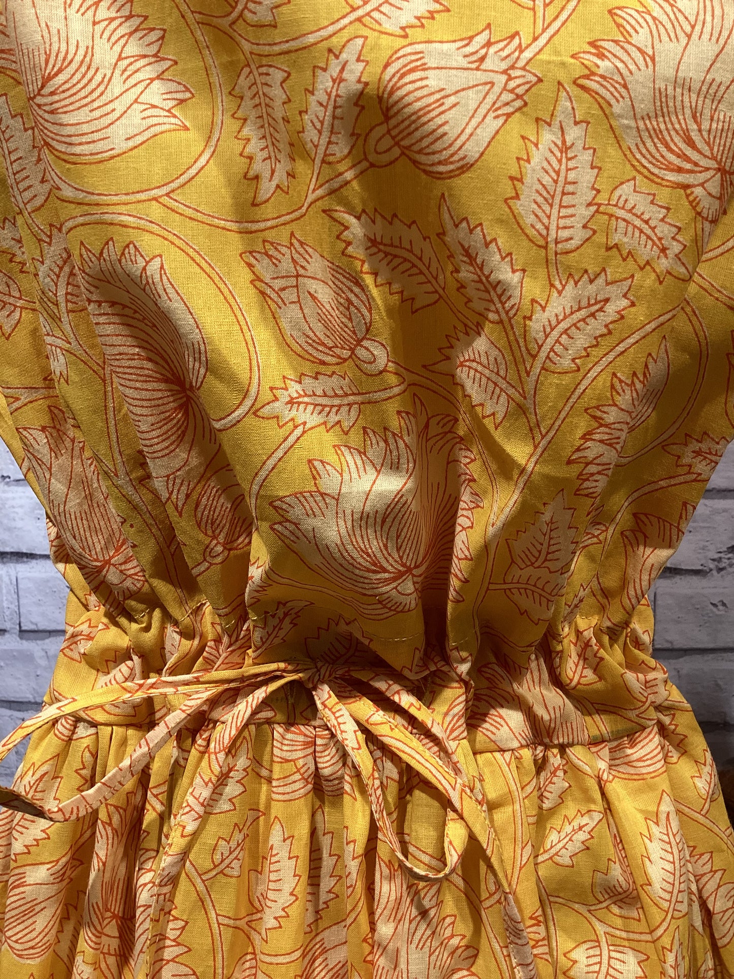 Drawstring Dress in Yellow Floral Scrolling Pattern - Violet Elizabeth