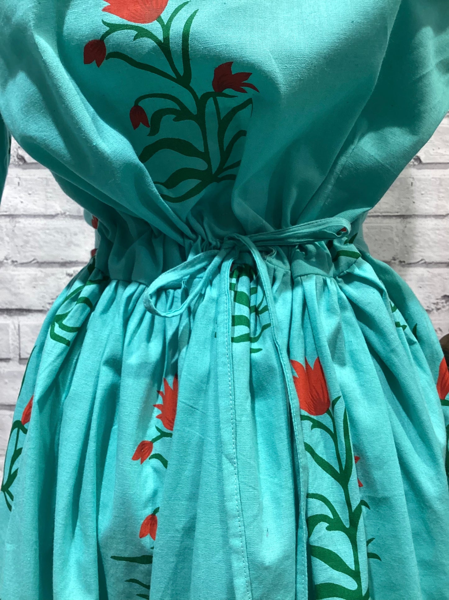 Drawstring Dress in Turquoise Floral Pattern - Violet Elizabeth