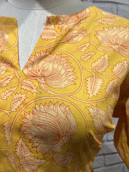 Drawstring Dress in Yellow Floral Scrolling Pattern - Violet Elizabeth