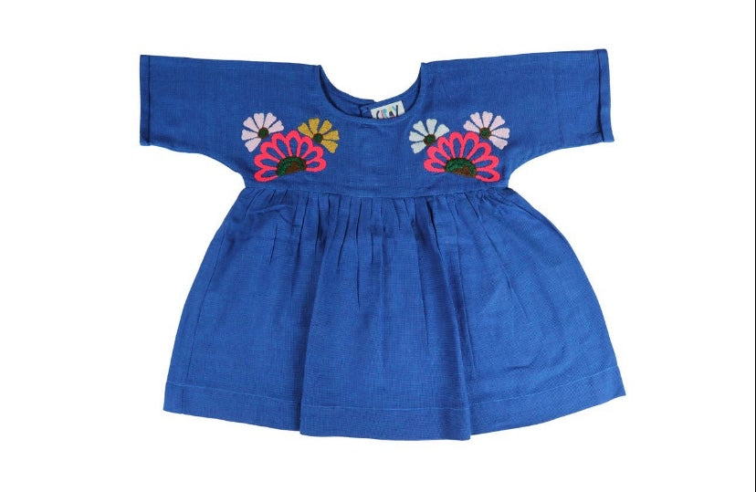 Embroidered cotton balloon dress blue - Violet Elizabeth