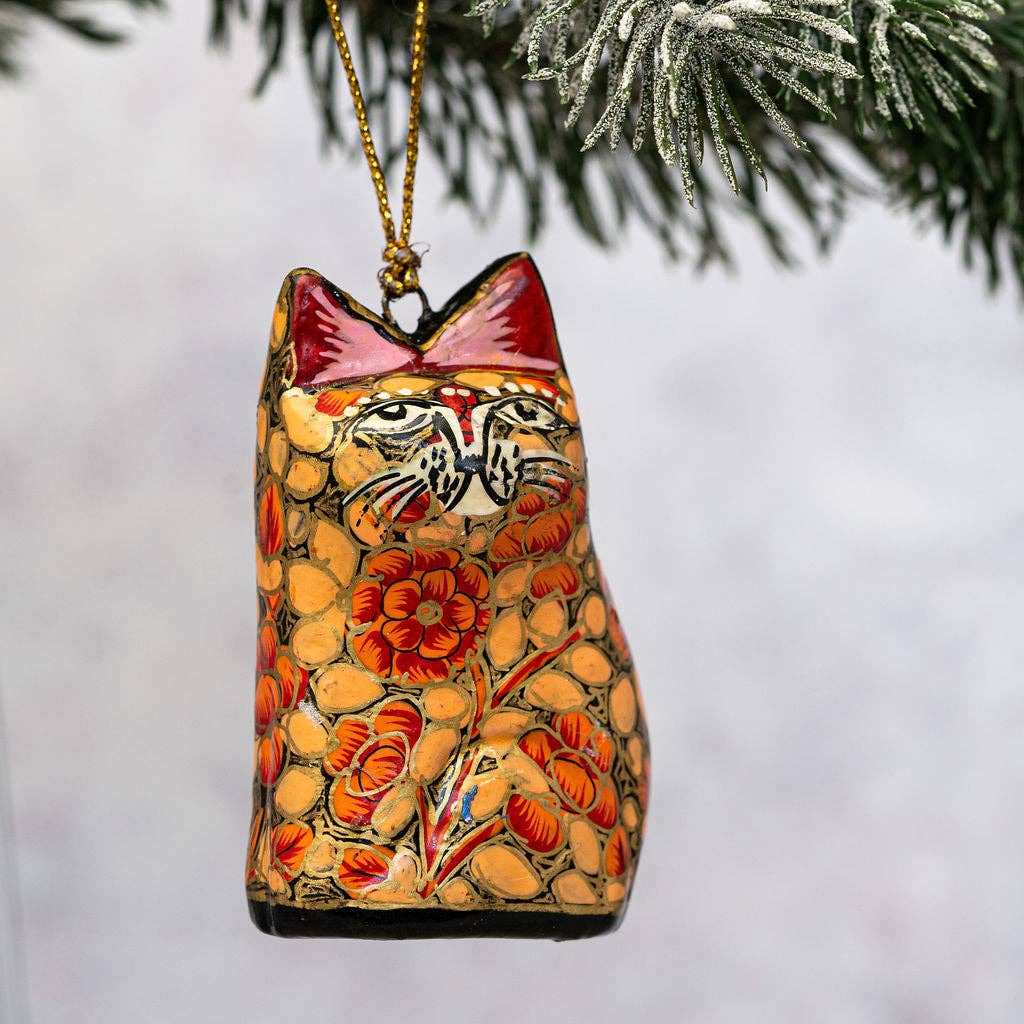 Peach Russian Floral Hanging Cat Ornament - Violet Elizabeth - Christmas Decorations