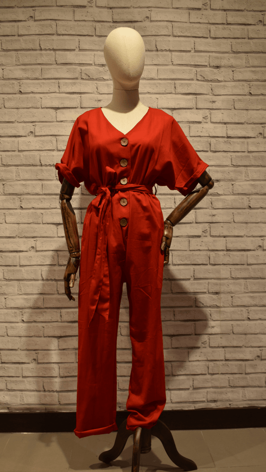 Red Elastic Jumpsuit - Violet Elizabeth - Clothing