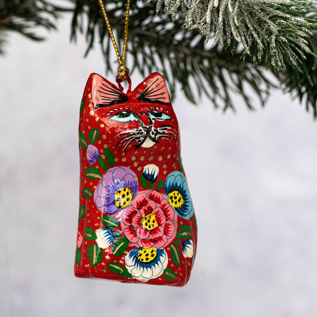 Red Indian Floral Hanging Cat Ornament - Violet Elizabeth - Christmas Decorations
