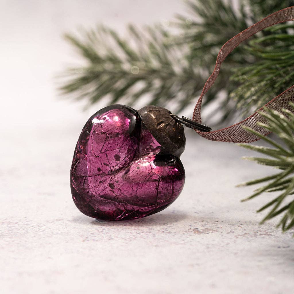 Small 1" Mulberry Crackle Glass Hearts - Violet Elizabeth - Christmas Decorations