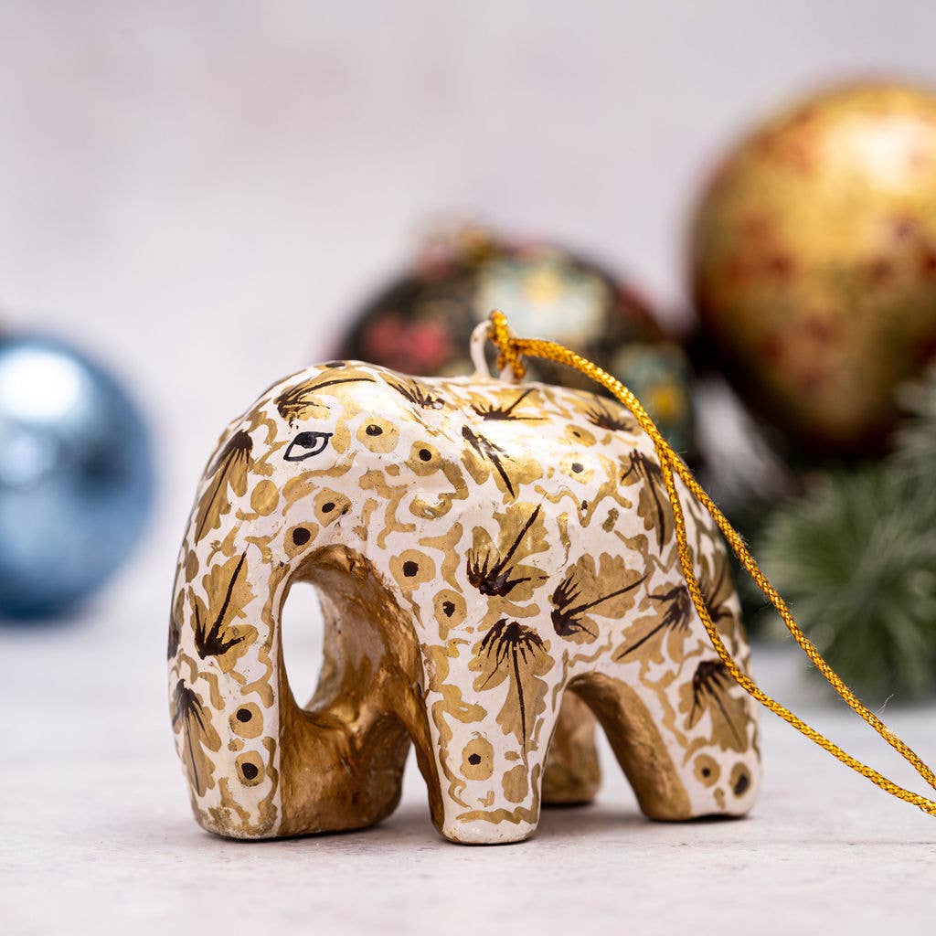 White & Gold Leaf Hanging Elephant - Violet Elizabeth - Christmas Decorations